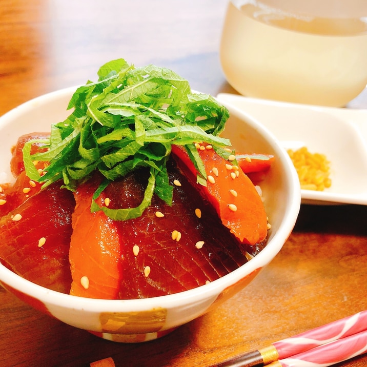余ったお刺身で!漬けまぐろとサーモンのだし茶漬け